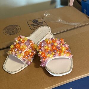 Jessica Simpson Embellished Pearl Slide Sandals - Pink and Orange